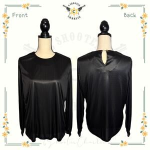 Vintage Village Fair Black Shiny Stretch Blouse Women's Size Medium Made in USA